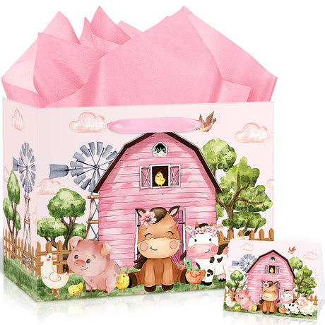 Farm Animals Theme Birthday Gift Bag for Girls Baby Shower Pink Farmhouse Barnyard Gift Bag Wrapping Paper Card Large Cows Pigs Gifts Bag for Baby Shower Farm Birthday Party Favors Supplies Innovoscape