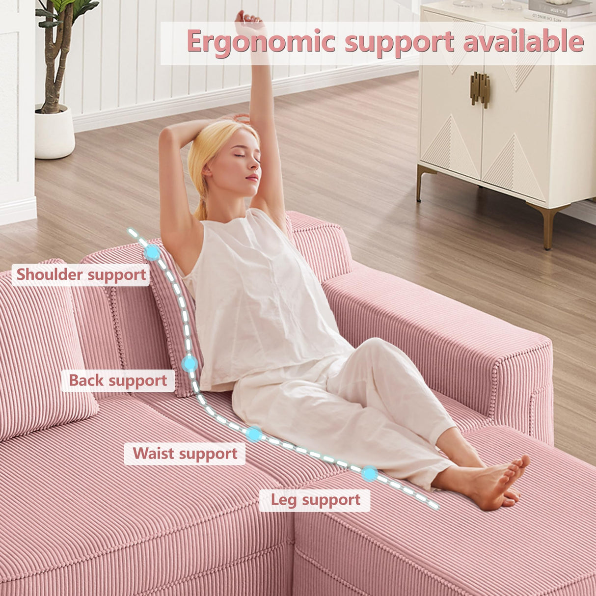 153.5 Cloud Sofa with Deep Seats and Wide Armrests，Boneless Sectional Couch with High Density Memory Foam Sofa, 4 Seater Sofa for Living Room Apartments - No Assembly, Corduroy,Pink HUMEHA