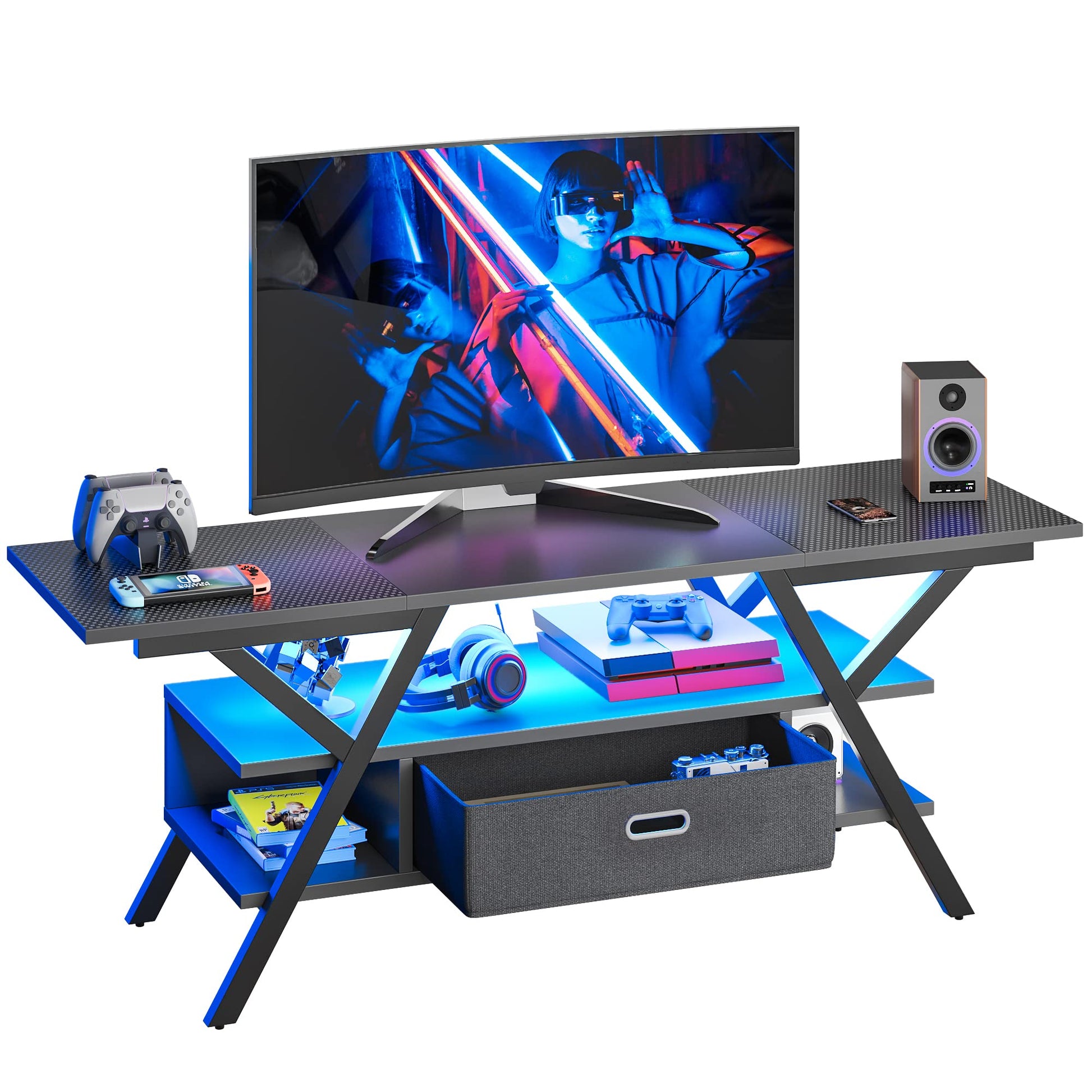 Bestier Gaming TV Stand for TV up to 65 inch, 55 inch LED Entertainment Center W/Storage for Living Room Bedroom Game Console Table 20 Dynamic RGB Modes TV Console for PS5, Carbon Fiber Black - WoodArtSupply