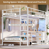 DICTAC Full Over Twin Size Bunk Bed with Desk and Led Lights Metal Loft Bed Frame with Charging Station,Storage Shelves and Drawers for Teen & Adults,Safety Guard & Ladder,No Box Spring Needed,White DICTAC