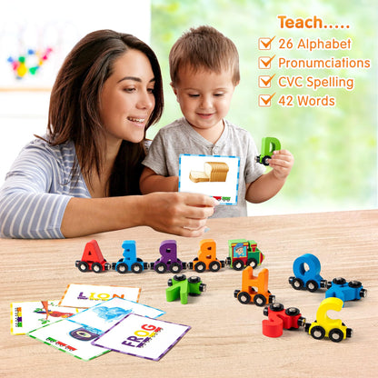 Vanmor 27 PCS Magnetic Wooden Alphabet Train Sets | ABC Letter Learning Toy Trains with 42 PCS Flash Cards, 1 Engine, 1 Storage Bag | Toddlers Kids Boys Girls Educational Toys for 3 4 5 6 7 Y - WoodArtSupply