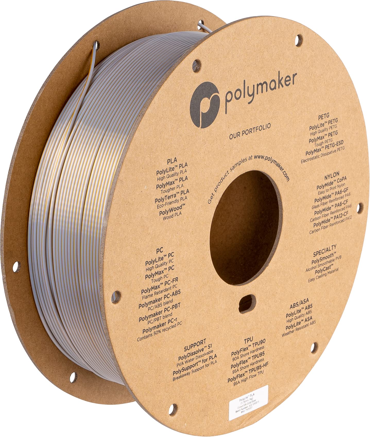 Polymaker Dual Color Silk PLA Filament 1.75mm Gold-Silver, Coextrusion Shiny PLA 3D Printer Filament Dichromatic 1kg - Silk Filament 1.75 PLA 2 Colors, Dimensional Accuracy +/- 0.03mm (Crown) - WoodArtSupply