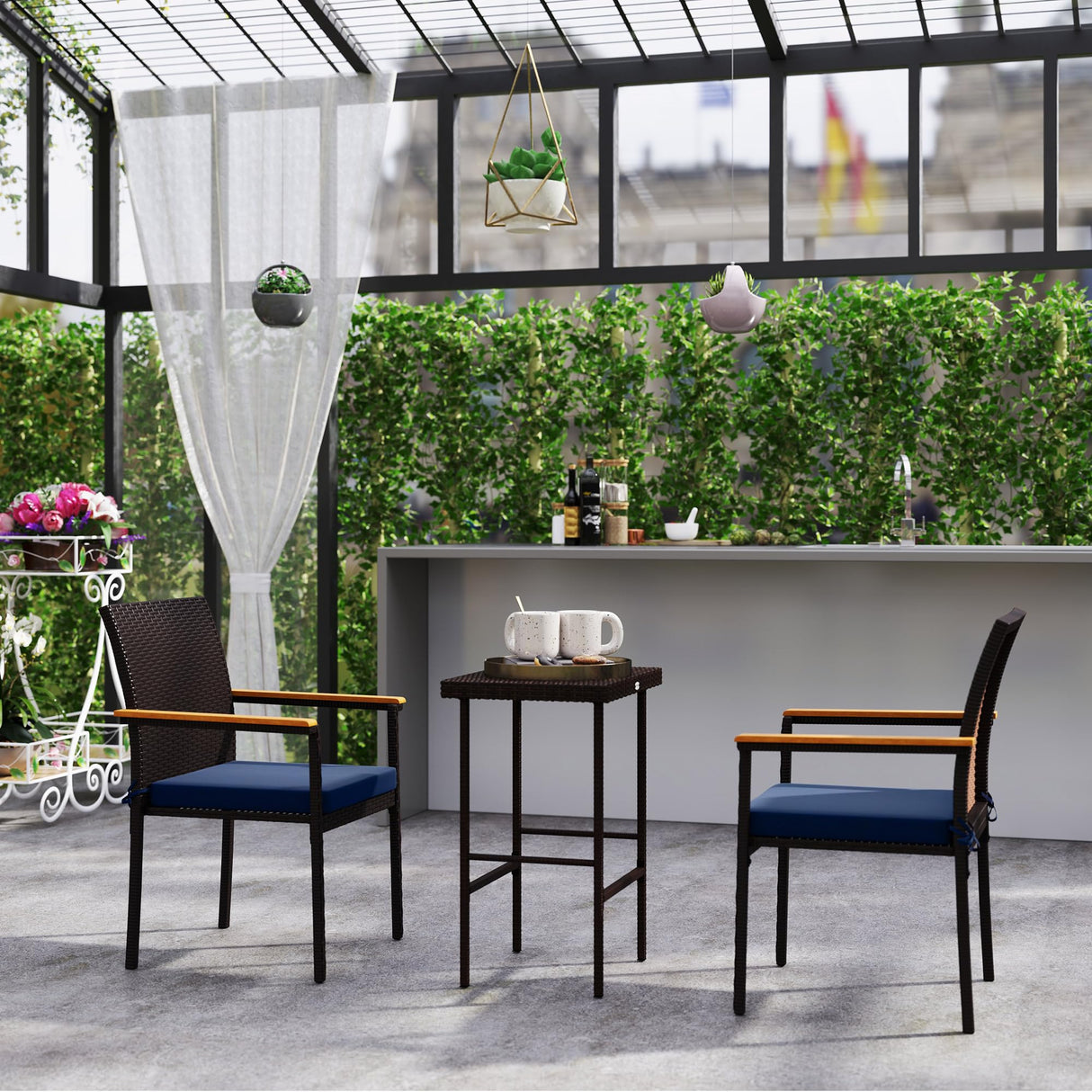 Outsunny Wicker Outdoor Dining Chairs Set of 2, Stackable PE Rattan Patio Dining Chairs with Cushions and Acacia Wood Armrests for Deck, Garden, 353 LBS Capacity, Navy Blue Outsunny