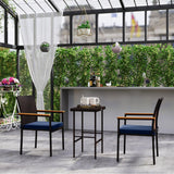 Outsunny Wicker Outdoor Dining Chairs Set of 2, Stackable PE Rattan Patio Dining Chairs with Cushions and Acacia Wood Armrests for Deck, Garden, 353 LBS Capacity, Navy Blue Outsunny