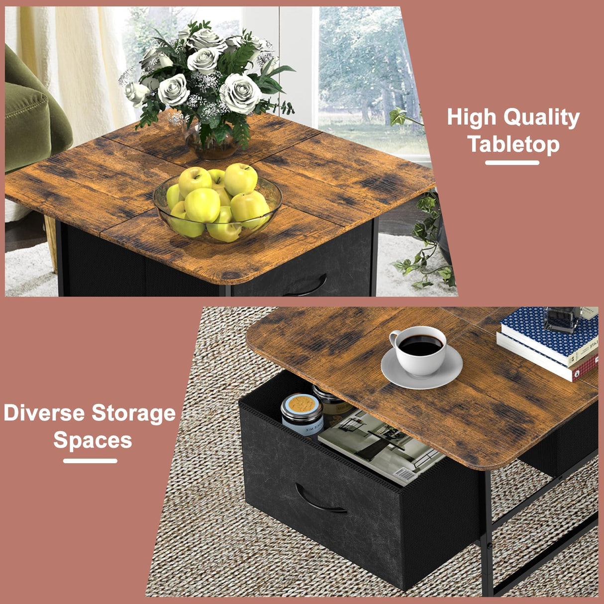 Shinoske Square Coffee Table with Storage Drawer,Small Coffee Tables for Living Room,2-Tier Farmhouse Center Table with Round Corners for Small Space,Small Apartment,Office,Rustic Brown Shinoske