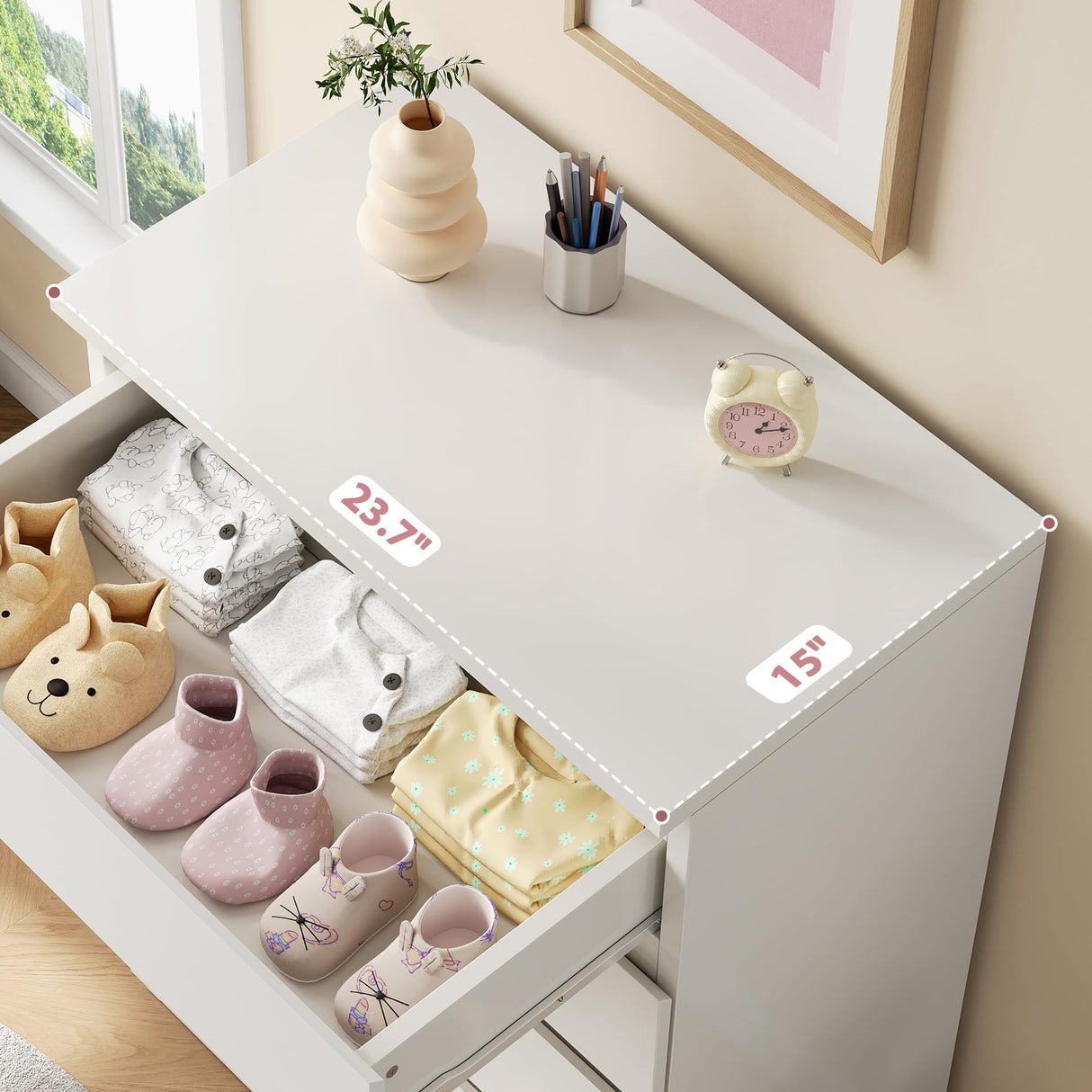 Jocoevol Modern White 5 Drawer Dresser for Bedroom, 15" D x 23.7" W x 40.4" H in Simply Chest of Drawers, Wood Storage Dresser with Deep Drawers for Living Room Hallway Entryway, White Jocoevol