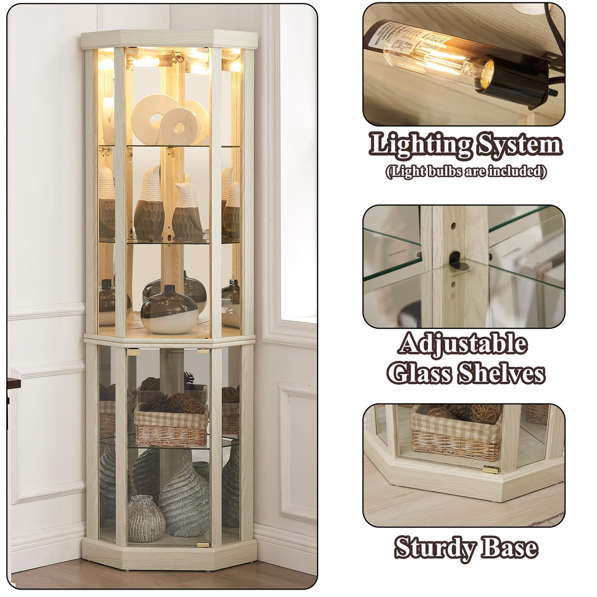 nifoti 69" H Lighted Curio Cabinet Corner Display Case,Corner Glass Cabinet with Tempered Glass Door and Adjustable Shelves,Wooden Corner Curio Cabinet with Mirrored Back Pane(Style 1 - Antique White) nifoti