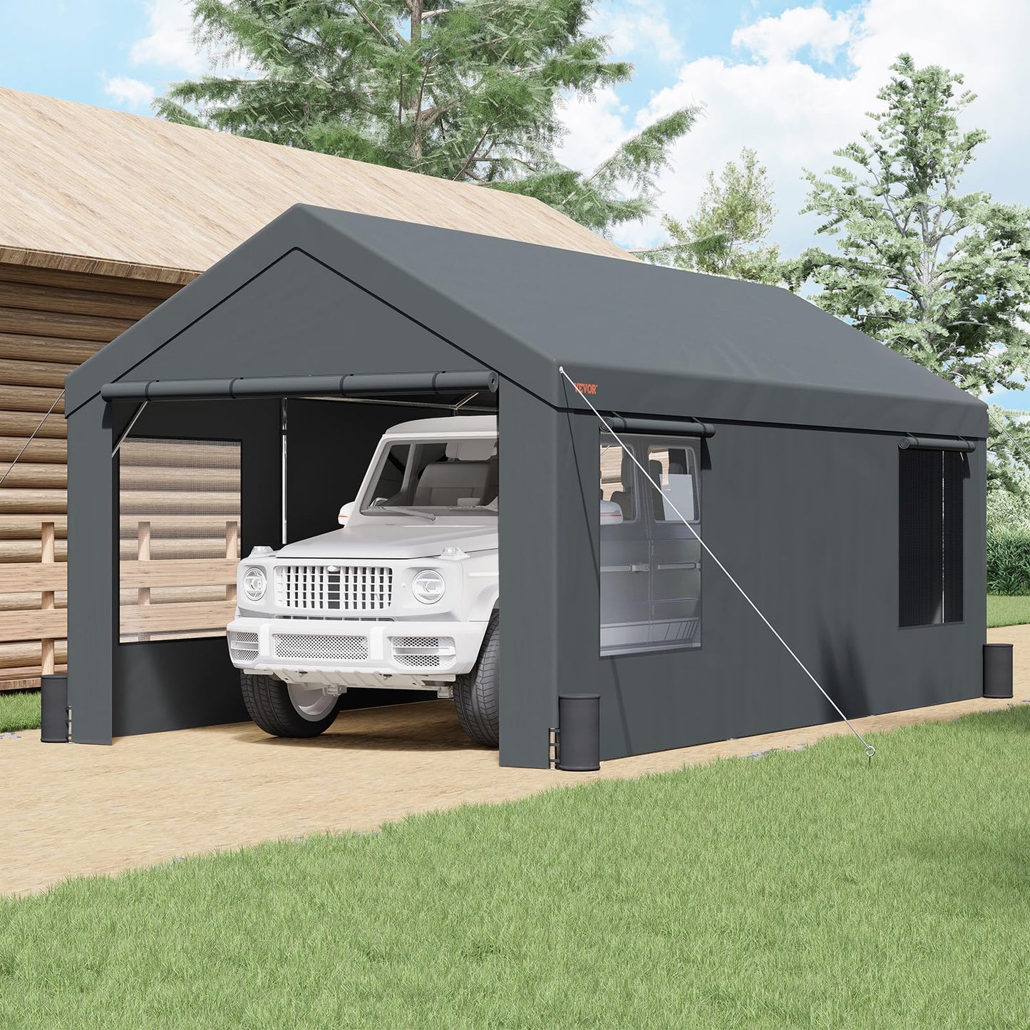 VEVOR Carport, 10x20 ft Heavy Duty Portable Garage with Roll-up Windows & Removable Sidewalls, UV Resistant Waterproof All-Season Car Canopy for SUV, Car, Truck, Boat - WoodArtSupply