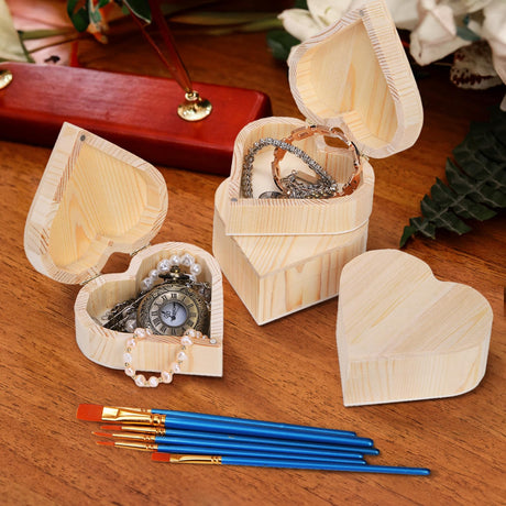 Acshio 12 Pack Unfinished Wood Heart Box, Unpainted DIY Treasure Chest with 10 Pcs Paint Brushes, Wooden Heart Shaped Storage Box Jewelry Box with Lid for Art Craft Painting Making Acshio