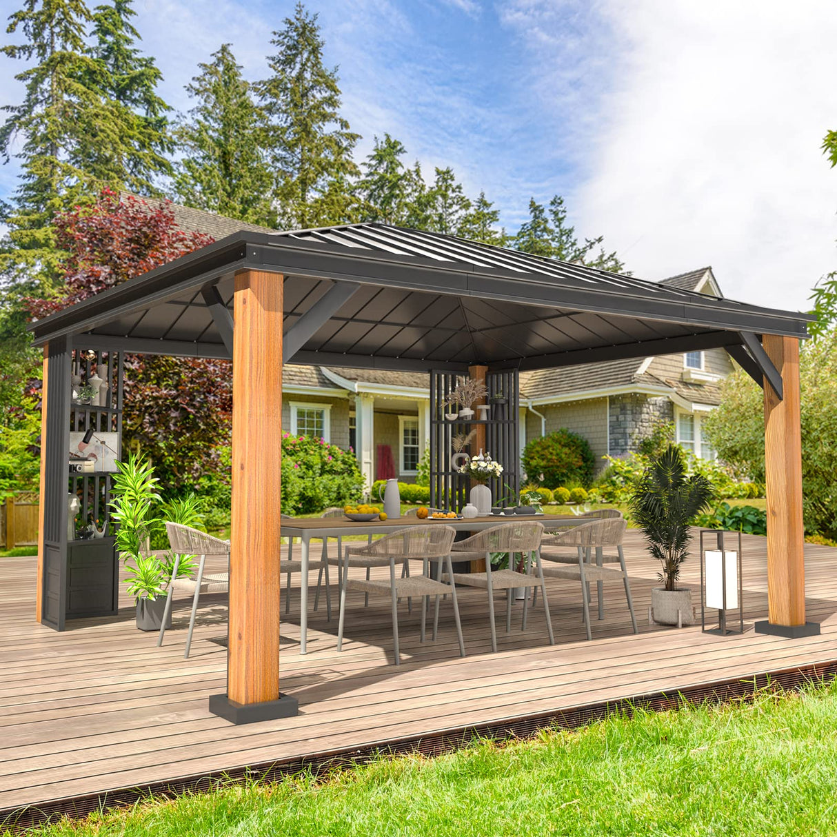 YOLENY 12' x 14' Ultra-Thick Columns and Beams Hardtop Gazebo, Faux Wood Grain Metal Gazebo with Storage Shelves, Vertical Stripe Galvanized Iron Roof, Outdoor Patio Gazebo for Patio YOLENY