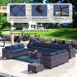 Kullavik 14 Pieces Outdoor Patio Furniture Set Outdoor Sectional Rattan Sofa Set Brown Manual Wicker Patio Conversation Set with Navy Blue Cushions,2 Tempered Glass Tea Table and Cushions Covers Kullavik