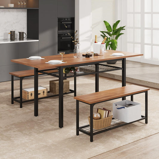 FiveWillowise Dining Table Set for 4-8, 3-Piece Kitchen Table Set with Metal Frame & Wooden Board，63" Extendable Dining Room Table Set with Storage Rack and 2 Benches (Walnut) - WoodArtSupply