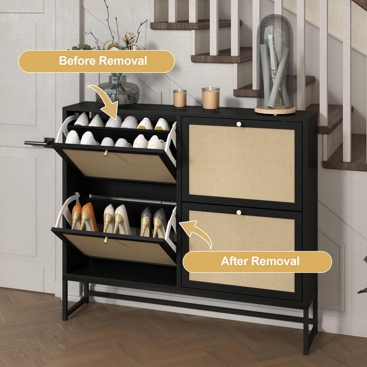 NVETHM Shoe Cabinet, Shoe Storage Cabinet with 4 Flax Flip Drawers and Mental Legs,Shoe Rack Free Standing Shoe Organizer for Entryway, Living Room (Black, 8-Tier) NVETHM