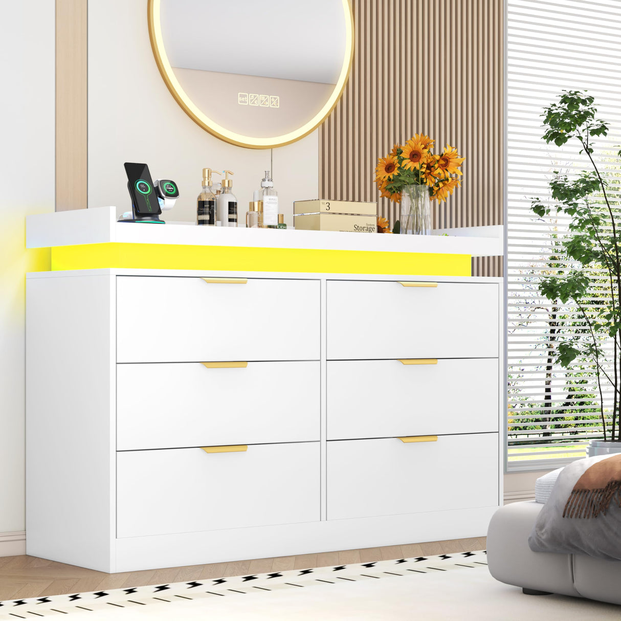 6 Drawer Dresser for Bedroom, White Dresser with LED Lights and Power Outlet, Modern Chest of Drawers for Closet, Double Wide Drawer Organizer Cabinet for Bedroom, Living Room, Entryway, Hallway knoworld