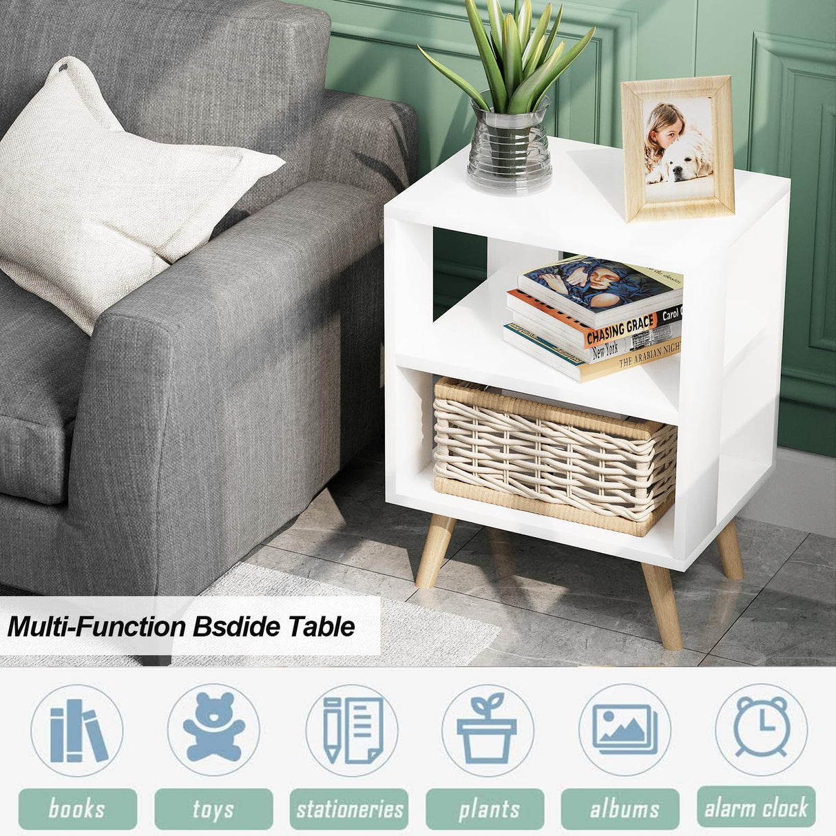 Aenuert Night Stand, White Kids Nightstand, Modern End Table with Open Storage, 2-Tier Nursery Bedside Table for Small Space, Living Room, Bedroom Aenuert