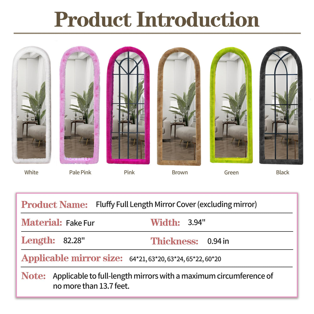 JAWGLOW Fluffy Full Length Mirror, Universal Ultra Soft Non-Slip Cover, Free Standing, 64"x21", Full Body Mirror, Warm Home Decor for Living Room, Bedroom, Cloakroom (White) JAWGLOW