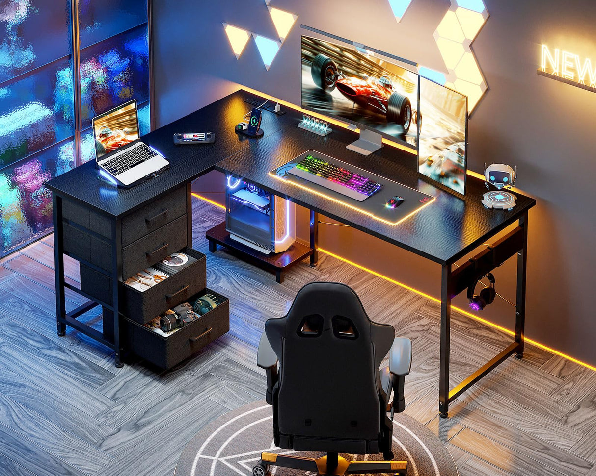AODK L Shaped Gaming Desk with 4 Drawers, 53" Reversible Home Office Desks with Power Outlets, L Shaped Computer Desk with USB Charging Port and Host Stand, Corner Desk, Easy to Assemble, Black AODK