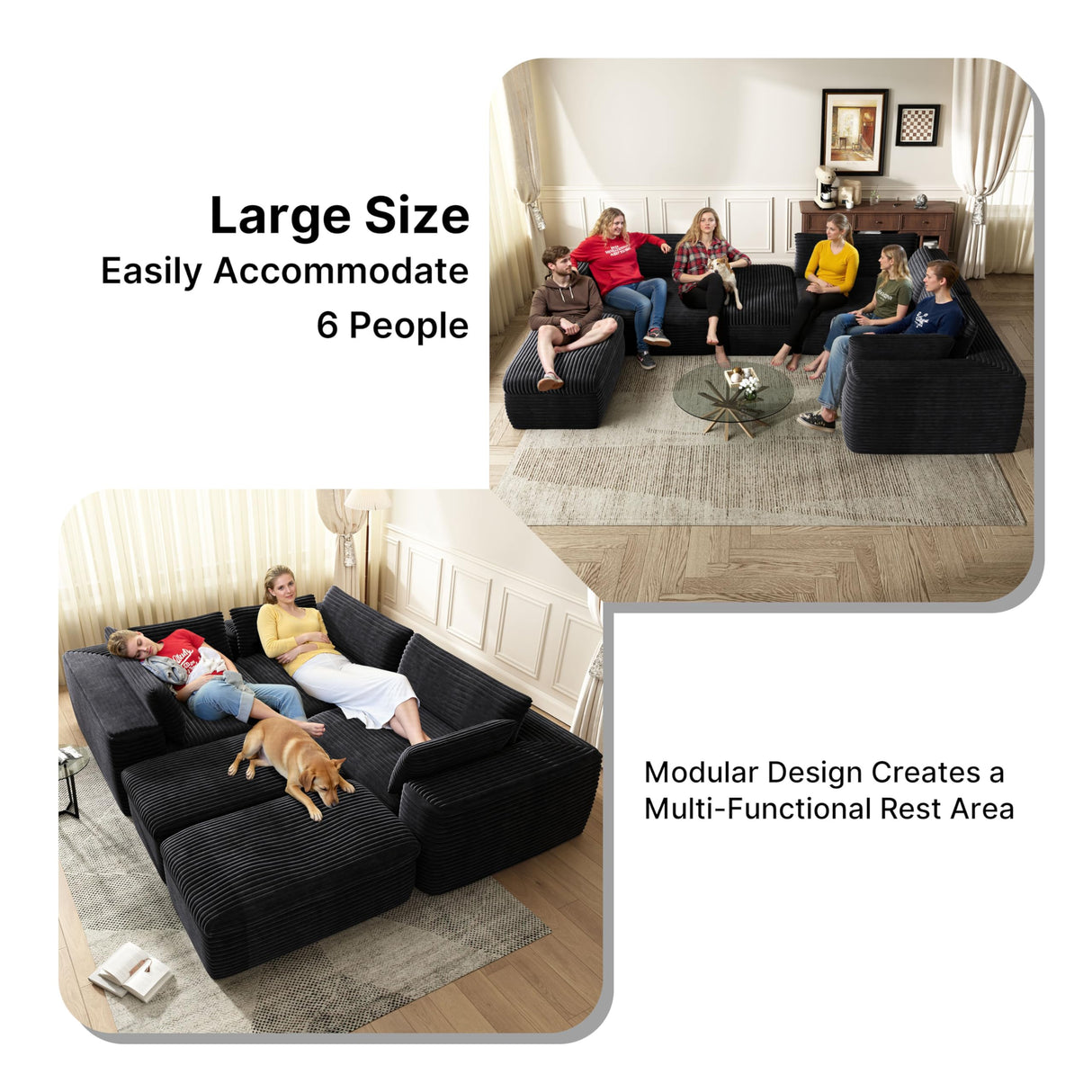 Yomsum 184'' Living Room Sectional Couch with Double Layer Black Plush Corduroy Fabric, 6 Seater Boneless L Shaped Cloud Couch in a Box, No Assembly Modular Sectional Sofa Bed with Ottoman Yomsum