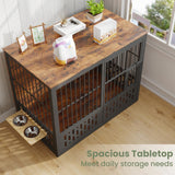 Yafylly 48 Inch XXL Dog Crate Furniture, Wooden Chewproof Dog Kennel with Interactive Window, 360° Adjustable Bowls (5 Heights), Storage Table Top, Heavy Duty XL Dog Crate for Medium Large Dogs, Brown Yafylly