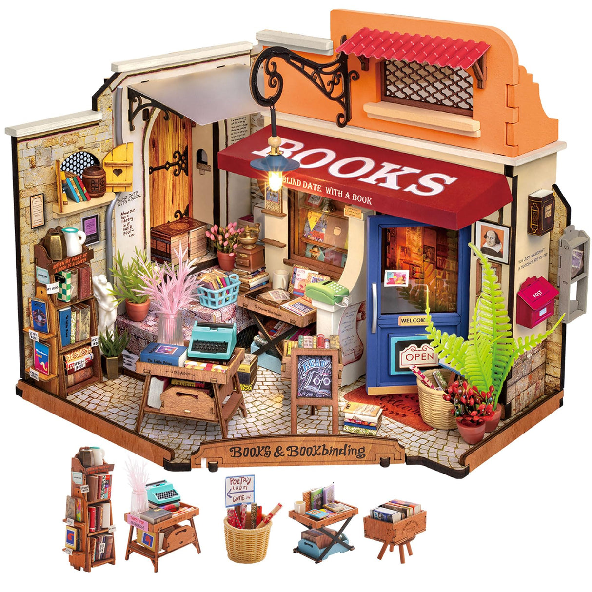 Rolife DIY Miniature House Kit 1:20 Scale Bookstore, Build Mini House Building Kit with LED Lights Craft Kits for Aduls Gifts for Him Her Rolife
