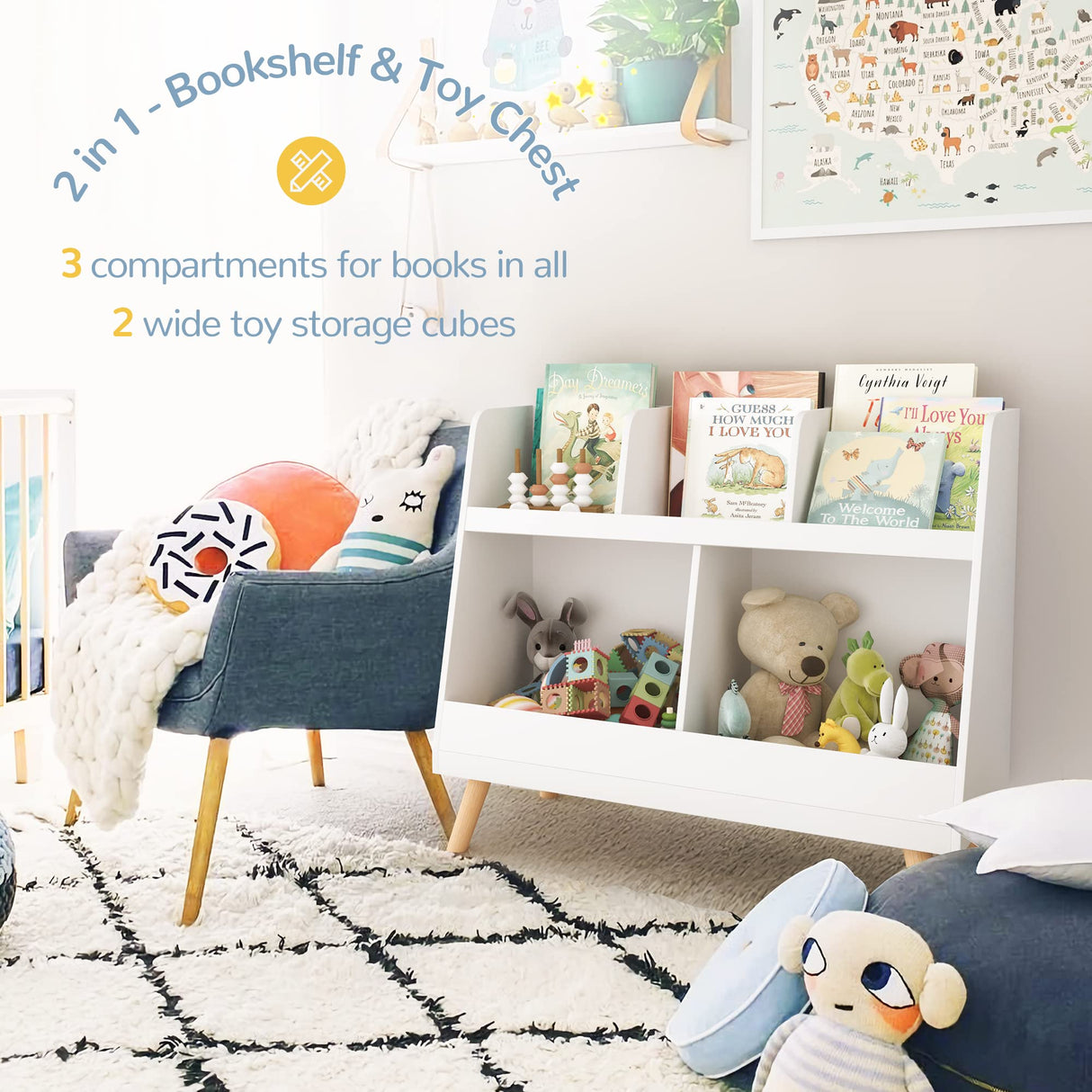 Curipeer Kids Bookshelf, Baby Book Shelf and Toy Organizer, Wooden Open Bookcase with 5 Cubbies, 2-Tier Baby Storage Display, Christmas and Birthday Gifts for Playing Room, Nursery, White Curipeer