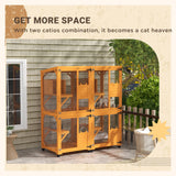 PawHut Wooden Catio with Waterproof Roof, Large Cat House with High-Up Resting Box, Indoor & Outdoor Cat Enclosure with Wheels, for 1-3 Cats, Orange PawHut