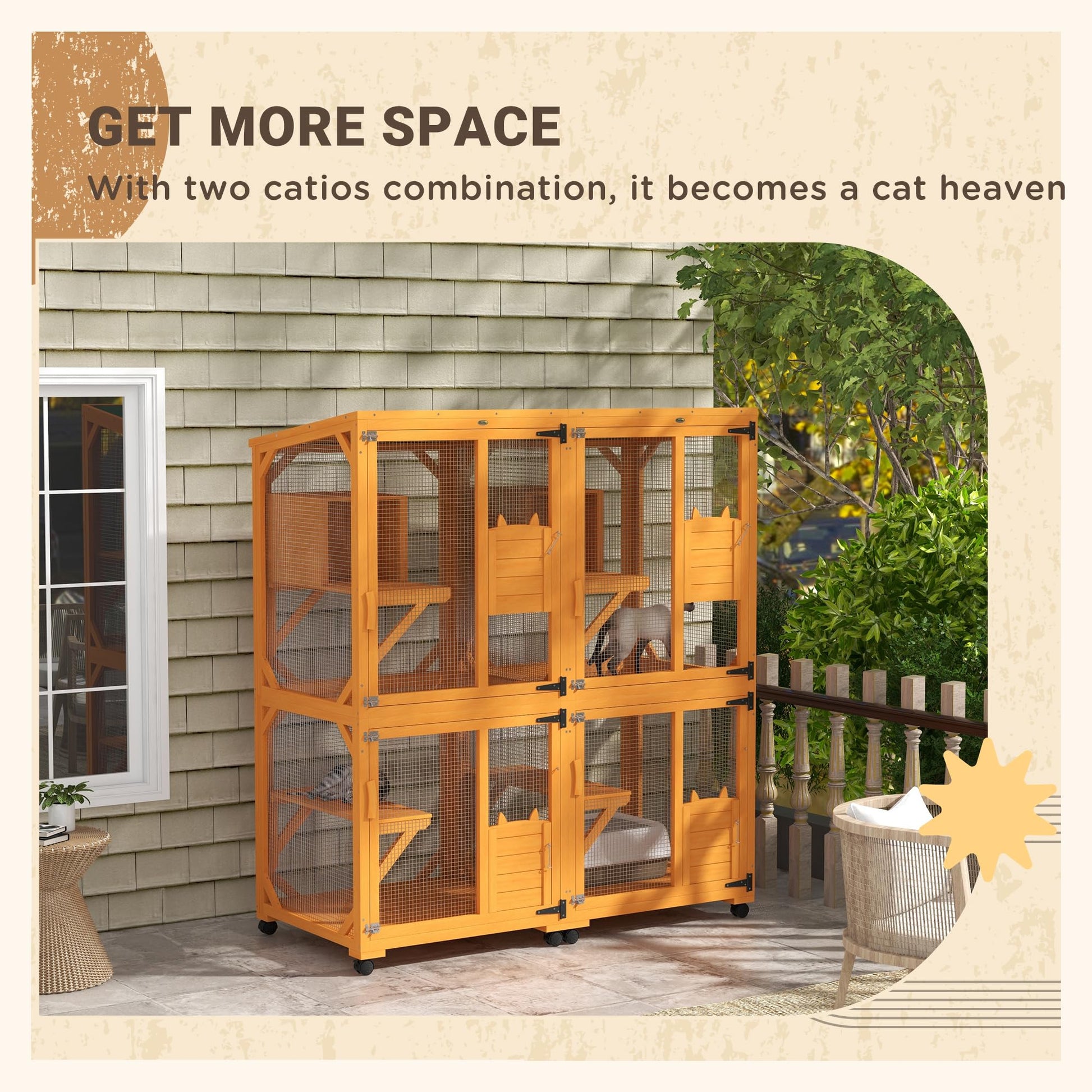 PawHut Wooden Catio with Waterproof Roof, Large Cat House with High-Up Resting Box, Indoor & Outdoor Cat Enclosure with Wheels, for 1-3 Cats, Orange - WoodArtSupply