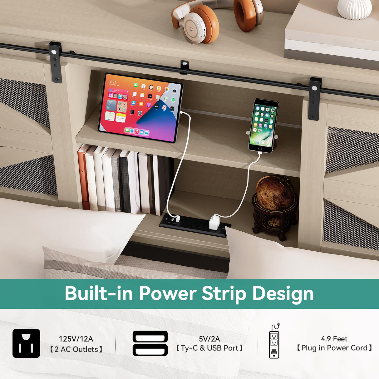 YITAHOME Farmhouse King Size Bed Frame with Headboard, Bookcase Storage Shelves, Sliding Grid Barn Door, Charging Station, Rustic Wood Platform Bed, No Box Spring Needed, Oak YITAHOME