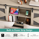 YITAHOME Farmhouse King Size Bed Frame with Headboard, Bookcase Storage Shelves, Sliding Grid Barn Door, Charging Station, Rustic Wood Platform Bed, No Box Spring Needed, Oak YITAHOME