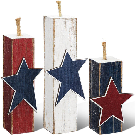 Amyhill 3 Pcs 4th of July Wooden Table Decorations Patriotic Table Centerpieces Independence Day Wood Firework Fourth of July Table Signs for Home Farmhouse Decor(Vintage Style) Amyhill