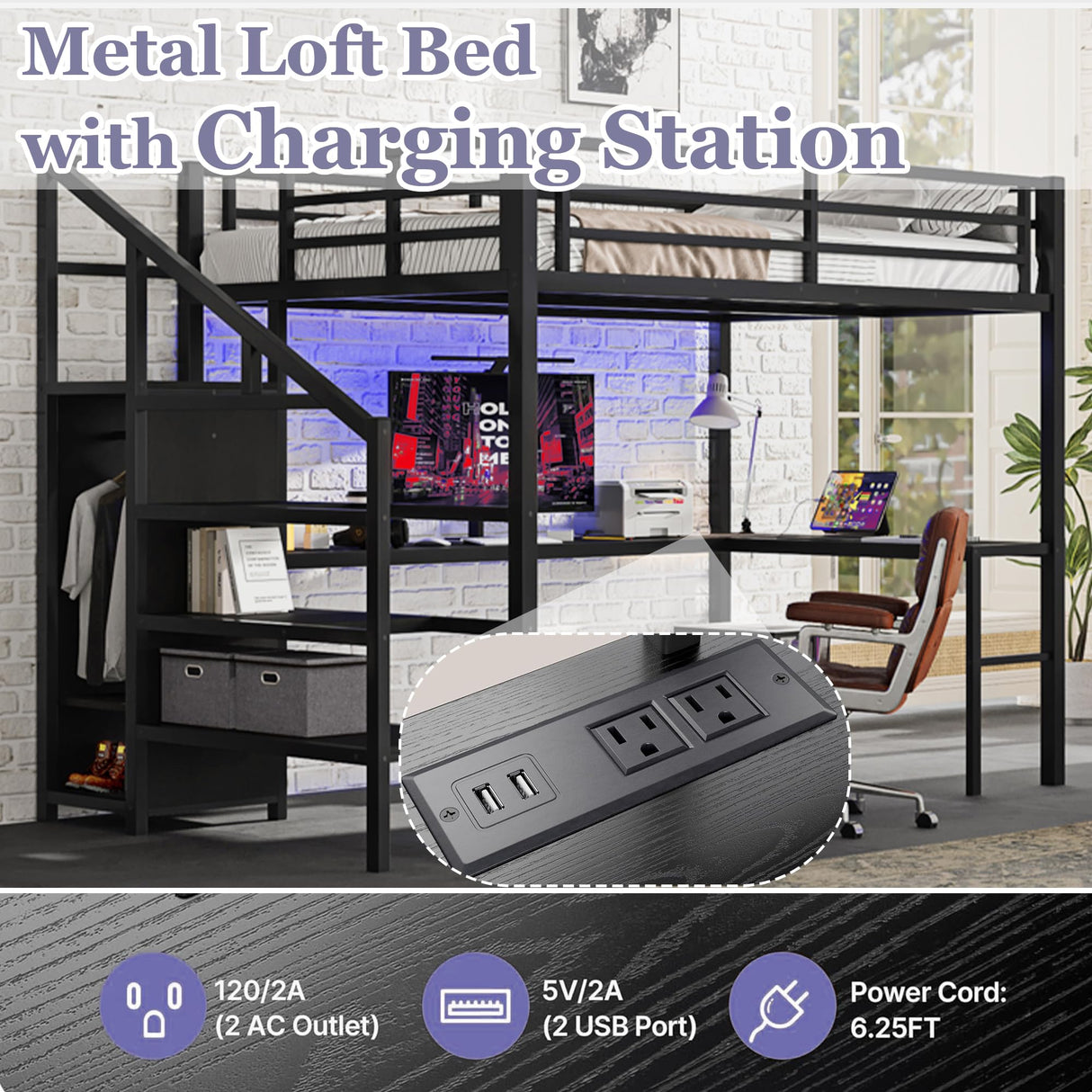 Bellemave Queen Loft Bed with Desk & Wardrobe, Heavy Duty Metal Loft Beds with Storage Stairs, LED Loft Bed Queen Size with Charging Station & Safety Guardrails, No Box Spring Needed, Black Bellemave