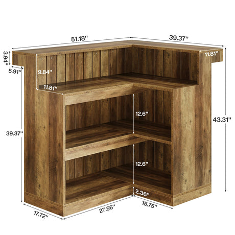 Tribesigns Bar Table, L Shaped Home Bar Unit for Home, 4-Tier Corner Liquor with Storage Shelves and Wine Glasses Holder, Industrial Wine Cabinet Reception Desk for Basement (1, Brown) Tribesigns
