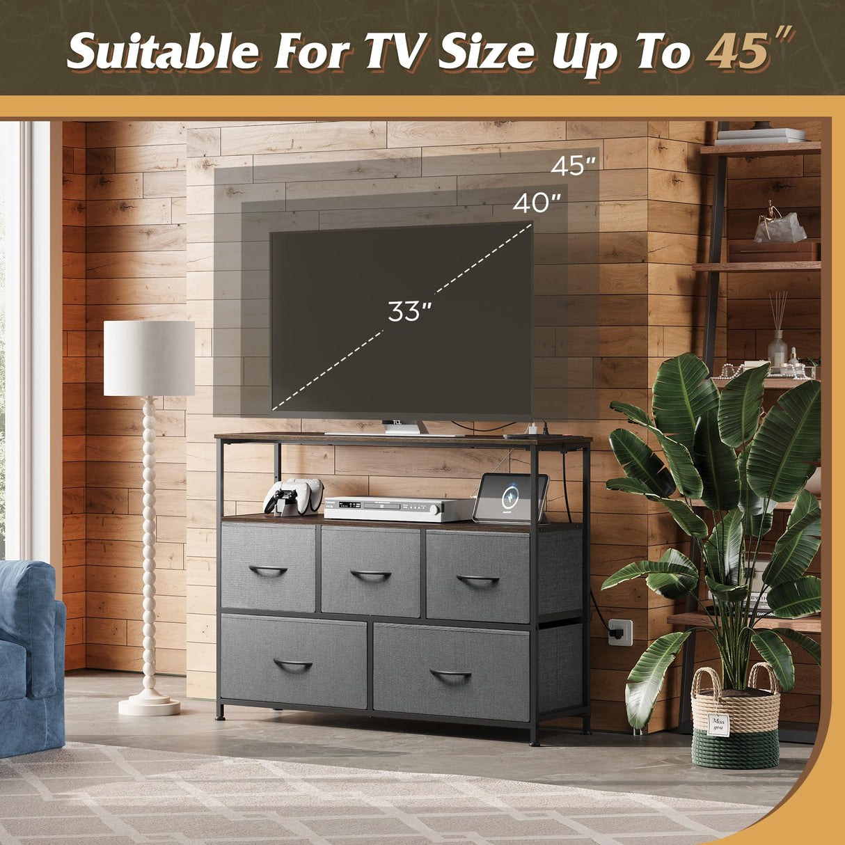 WLIVE 5 Drawer Dresser TV Stand for 45 Inch TV, Entertainment Center with Open Shelf and Power Outlet, Chest of Drawers for Bedroom, Living Room, Closet, Dark Grey WLIVE