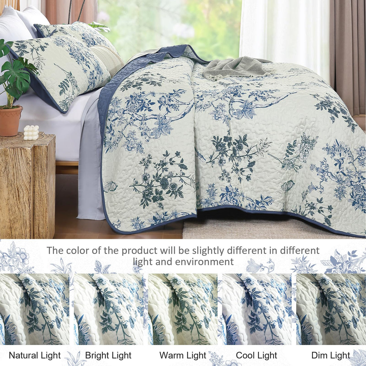 WONGS BEDDING Blue Floral Quilt Set King,Botanical Leaf & Butterfly Pattern Bedspread Coverlet Set,Soft Beautiful Farmhouse Plants Quilts Bedding Set for All Seasons(104"×90") WONGS BEDDING