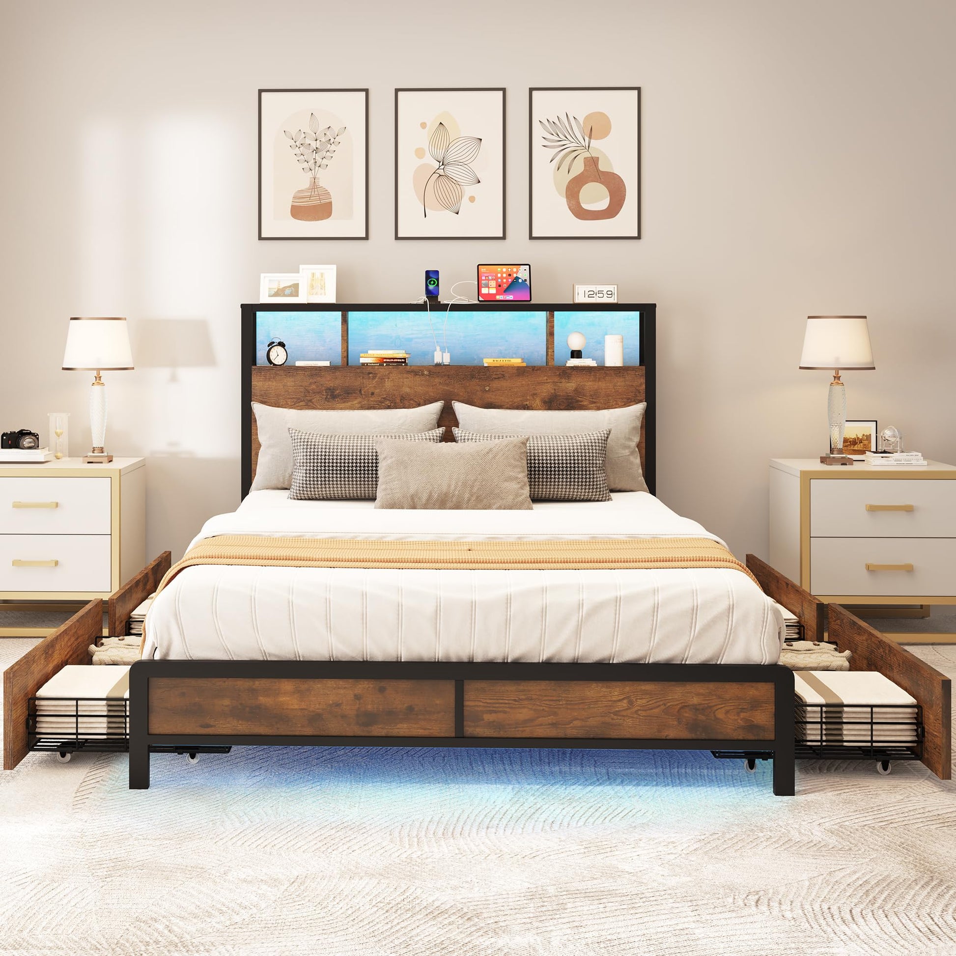 YITAHOME Stylish Queen Bed Frame with LED Lights, Charging Station, and 4 Storage Drawers - No Box Spring Needed - WoodArtSupply