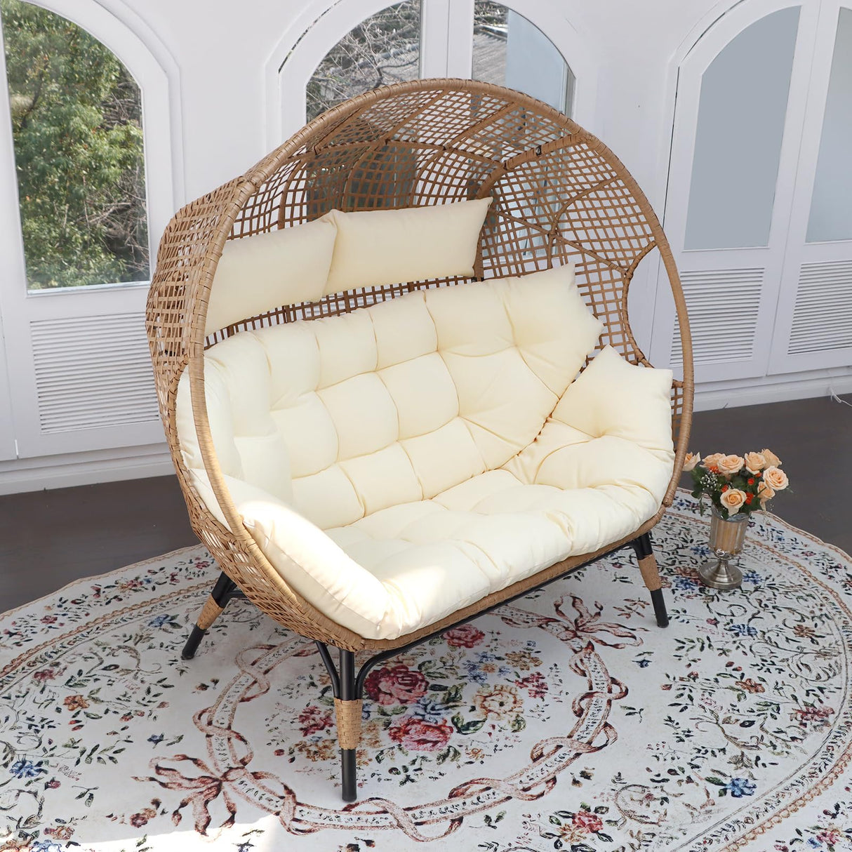 FINCATI Indoor Outdoor Double Egg Chair, 2 Person Oversized Wicker Rattan Stationary Lounge Chair with Legs, 680 lbs Loveseat Boho Egg Basket Chairs for Patio Garden Backyard Living Room Beige FINCATI