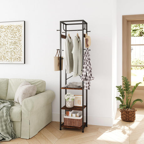 ELYKEN Coat Rack Freestanding, Hall Tree with 3 Storage Shelves and 12 Hooks, Industrial Clothes Rack Stand Organizer for Bedroom, Hallway, Entryway, Office, Living Room, Rustic Brown ELYKEN