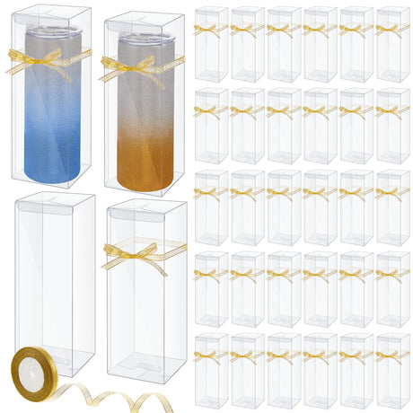 Beeveer 50 Pcs Mug Gift Boxes Clear Tumblers Packaging Box with Ribbon for Sublimation Tumblers Compatible with Stanley 11oz 12oz 15oz 20oz 30oz 40oz(3.3 x 3.3 x 9.8 Inch) Beeveer