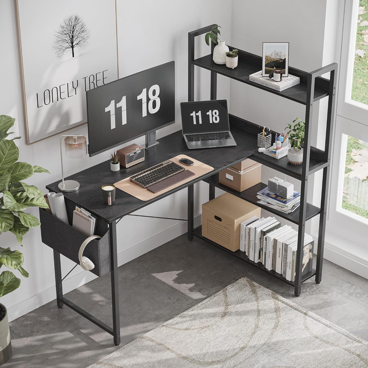 Treesland 47 Inch L-Shaped Computer Desk with Bookshelf and Storage Solutions in Black - WoodArtSupply