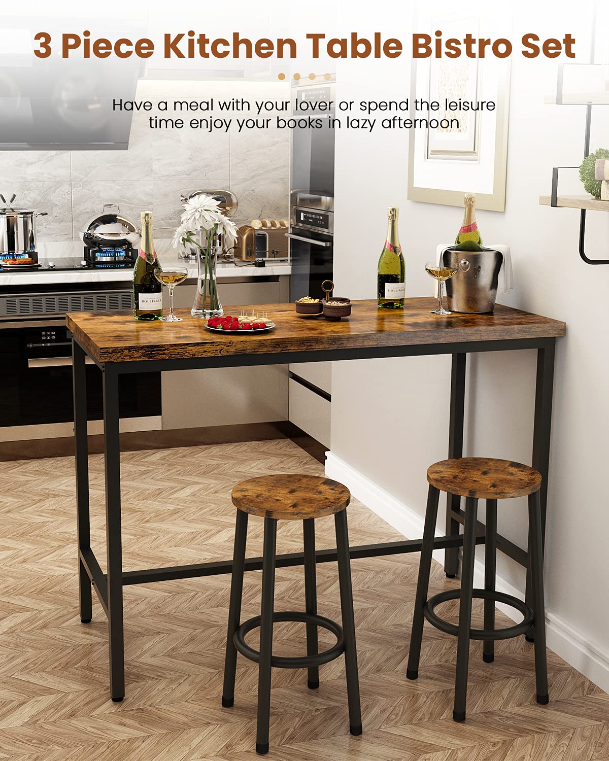 Recaceik 3 Piece Rustic Brown Pub Dining Set with Bar Table and Stools for Small Spaces - WoodArtSupply