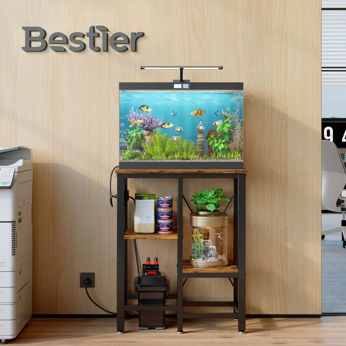 Bestier 10 Gallon Fish Tank Stand with Power Outlet, 20.3x10.6 Metal Aquarium Stand, 6-Leg Reptile Tank Stand with 3-Tier Adjustable Storage Shelves, 264LBS Capacity，Rustic Brown Bestier