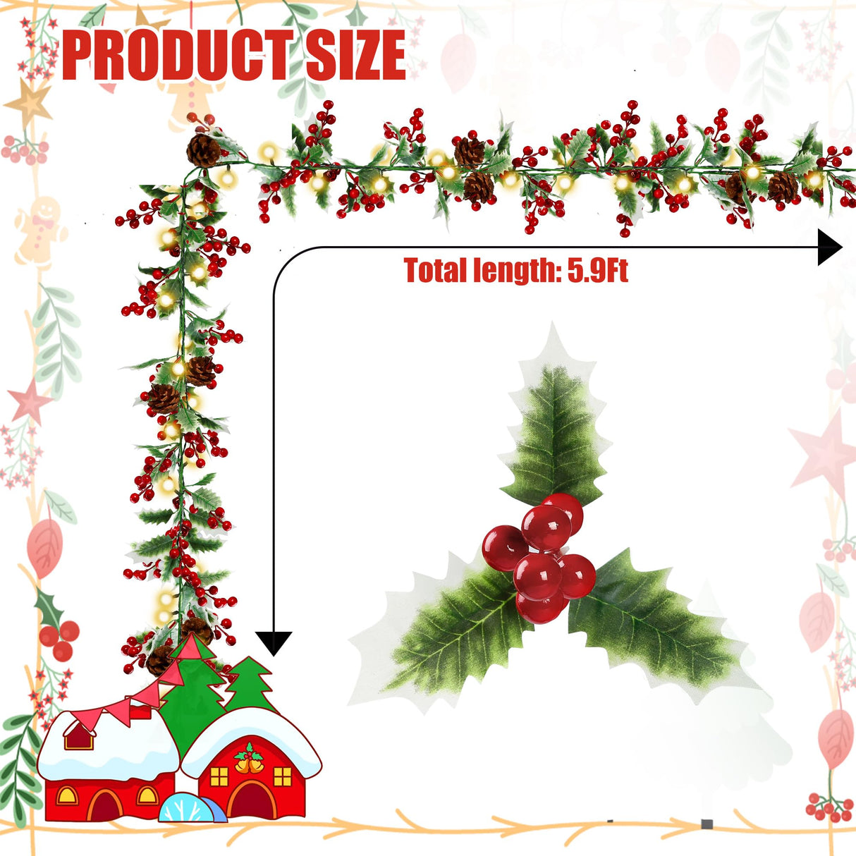 Sggvecsy Christmas Garland Red Berry Garland with Red Berries Lighted Holly Leaves Garlands Artificial Christmas Green Leaves Garland Battery Operated for Xmas Indoor Home Winter Holiday Decoration Sggvecsy