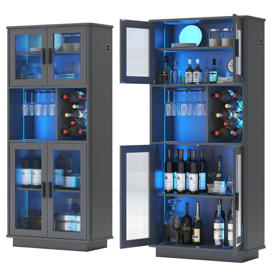 LVSOMT LED Wine Bar Cabinets with Removable Wine Rack, Bar Cabinets for Liquor with Light Motion Sensor, Kitchen Cabinet Storage for Dinning Room, Living Room (Grey) - WoodArtSupply