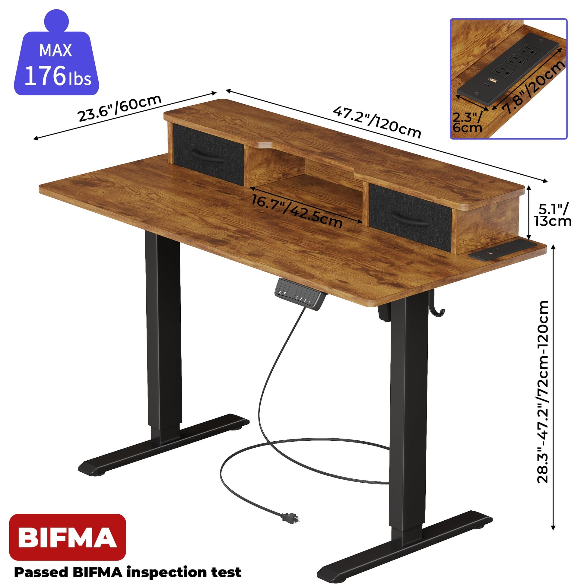 JOISCOPE 48 Inch Electric Standing Adjustable Height Desk with Double Drawer, Home Office Computer Gaming Desk with Storage Shelf and Power Outlets, Sit Stand Desk, Vintage Oak - WoodArtSupply