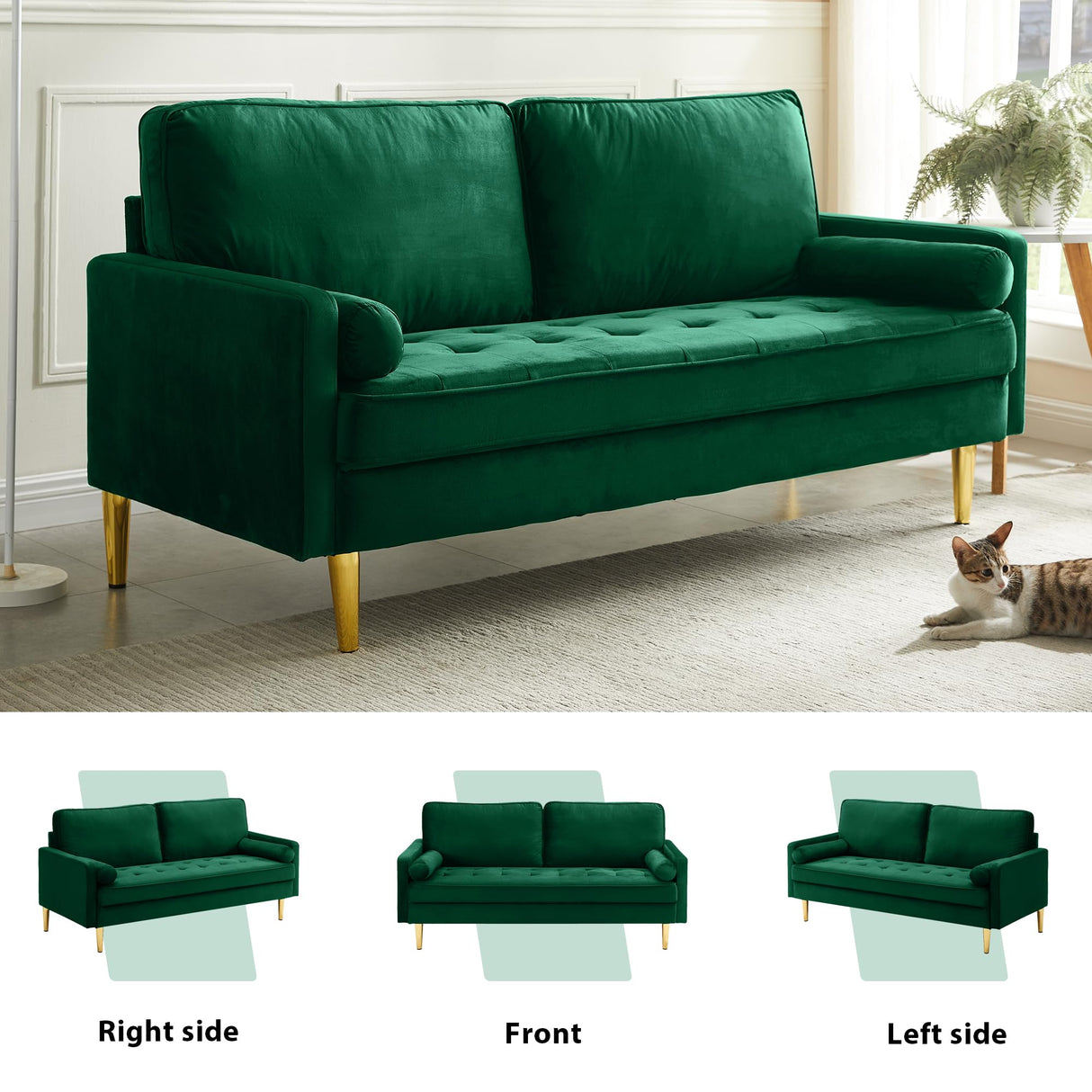 RXRRXY 67" Modern Velvet Loveseat Sofa Couch, Mid-Century Tufted Upholstered Small Love Seat Couch with 2 Pillows & 4 Golden Legs, 2-Seats Couches for Compact Space, Living Room, Apartment (Emerald) RXRRXY