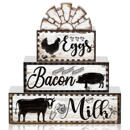 4 Pcs Farmhouse Wood Stacking Blocks Cow Rooster Pig Tiered Tray Decor Rustic Decorative Faux Stacked Book Farm Animal Table Sign Decor for Home Living Room Kitchen Dining Room Shelf Table Centerpiece