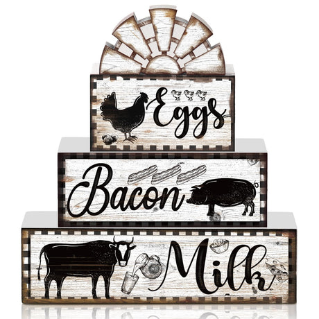 4 Pcs Farmhouse Wood Stacking Blocks Cow Rooster Pig Tiered Tray Decor Rustic Decorative Faux Stacked Book Farm Animal Table Sign Decor for Home Living Room Kitchen Dining Room Shelf Table Centerpiece Jetec