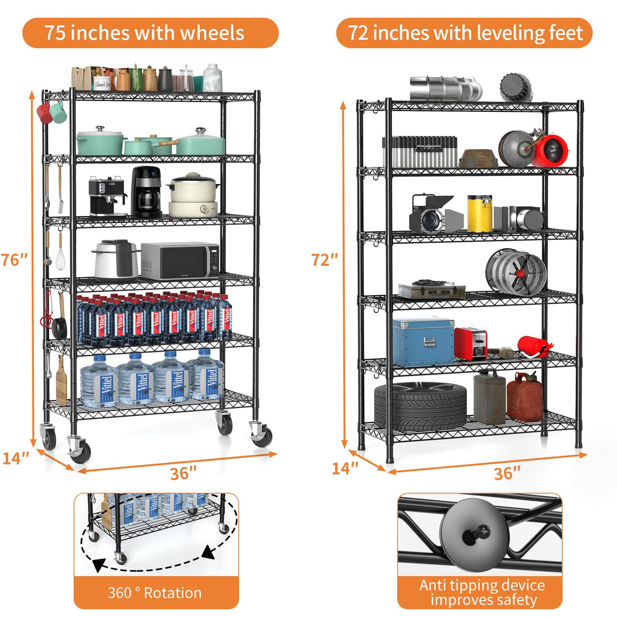 Hodonas 2300LBS Wire Shelving Unit, 36"W x 14"D x 75"H Metal Standing Shelf Units with Wheels / Leveling Feet, 6 Tier, Adjustable, Heavy Duty, and NSF Storage Shelves, Rolling Metal Shelving Wire Rack Hodonas