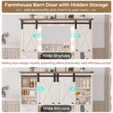 DICTAC Farmhouse Makeup Vanity Desk with Lighted Mirror & Power Strips, Vanity Table with Sliding Barn Door Hidden Shelves & 5 Drawers & 2 Cabinets, White Dressing Table for Bedroom, Lights Adjustable DICTAC