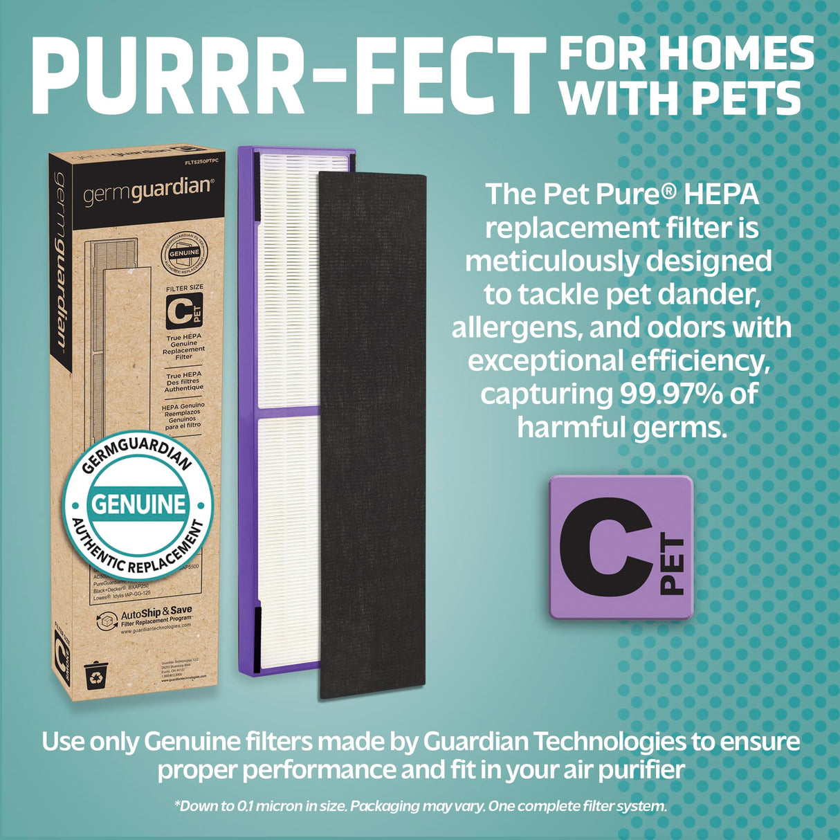 Germ Guardian FLT5250PT True HEPA Genuine Air Purifier Replacement Filter C, with Pet Pure Treatment for GermGuardian AC5250PT, AC5000E, AC5300B, AC5350W, AC5350B, CDAP5500, and More GermGuardian